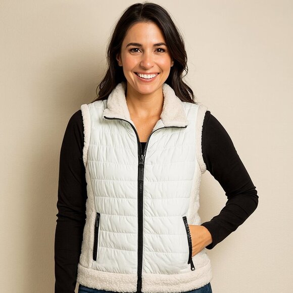Workshop Republic Clothing White Puffer Full-Zip Vest with Sherpa Accents - Picture 1 of 9